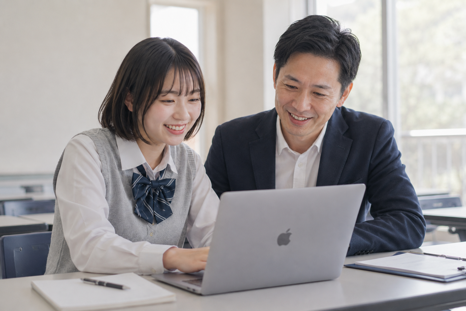 講師と一緒にノートパソコンを見ながら学ぶ生徒