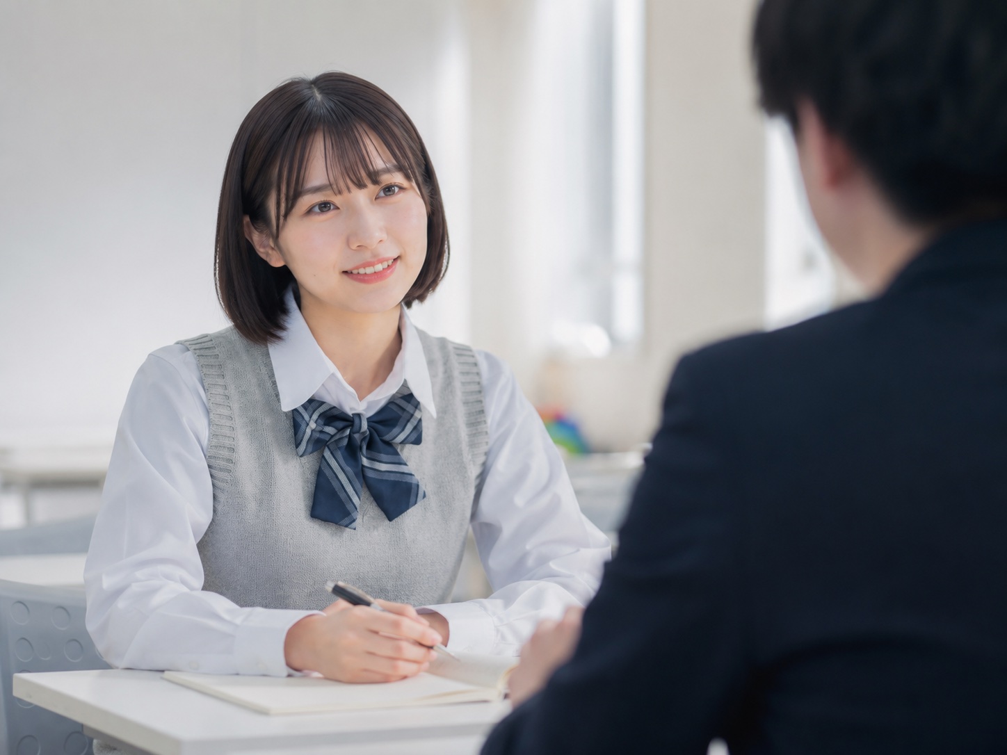 高校生が講師と面談しながらノートを取る様子