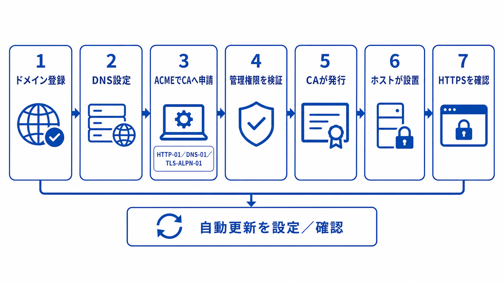 独自ドメインのDNS設定後にACMEでCAが管理権限を検証・証明書を発行し、ホスティングが設置してHTTPSと更新設定を確認する流れの図