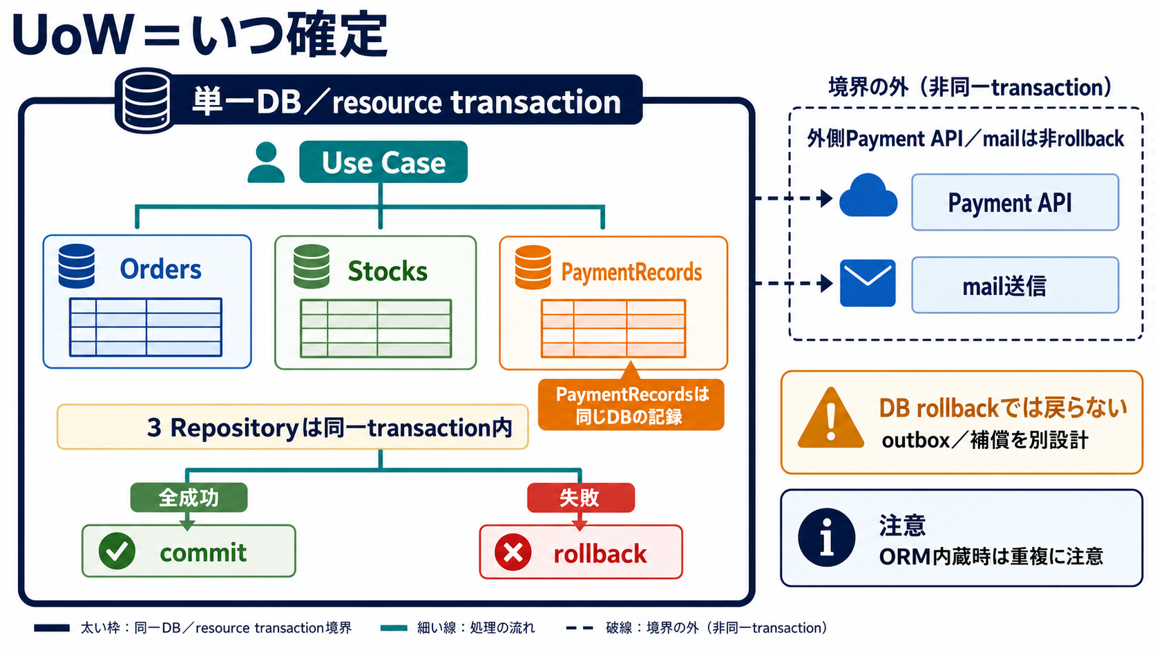 単一DBの同じtransaction内でOrders、Stocks、PaymentRecordsの3 RepositoryをUnit of Workがまとめ、成功時にcommit、失敗時にrollbackし、外側のPayment APIやメールは戻らないことを示す図
